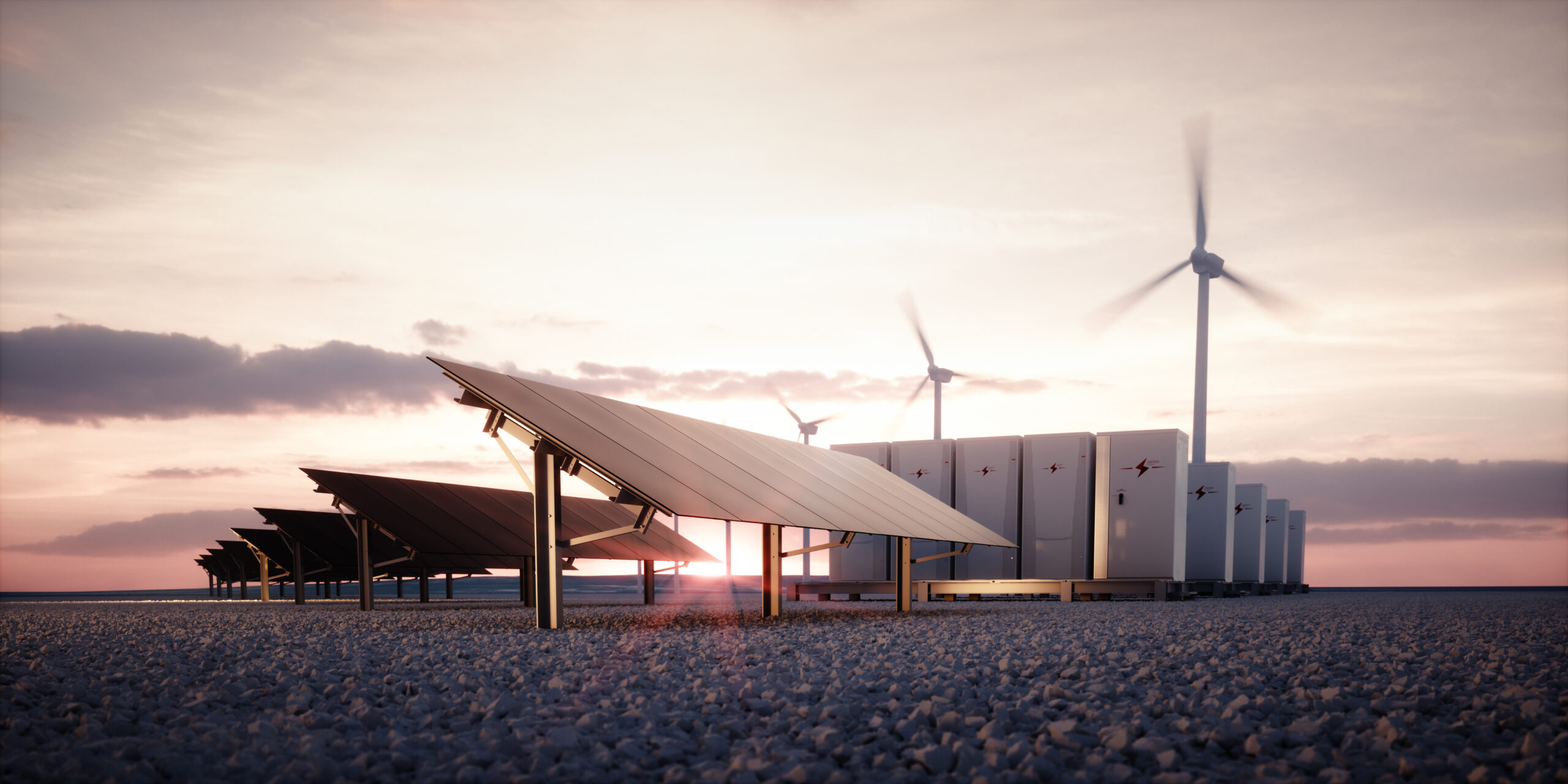 A collage of wind energy, electrical boxes and solar panels